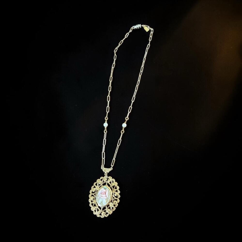 1928 Jewelry Rose Cameo Pendant Necklace Gold Filigree Opalite Vintage Style